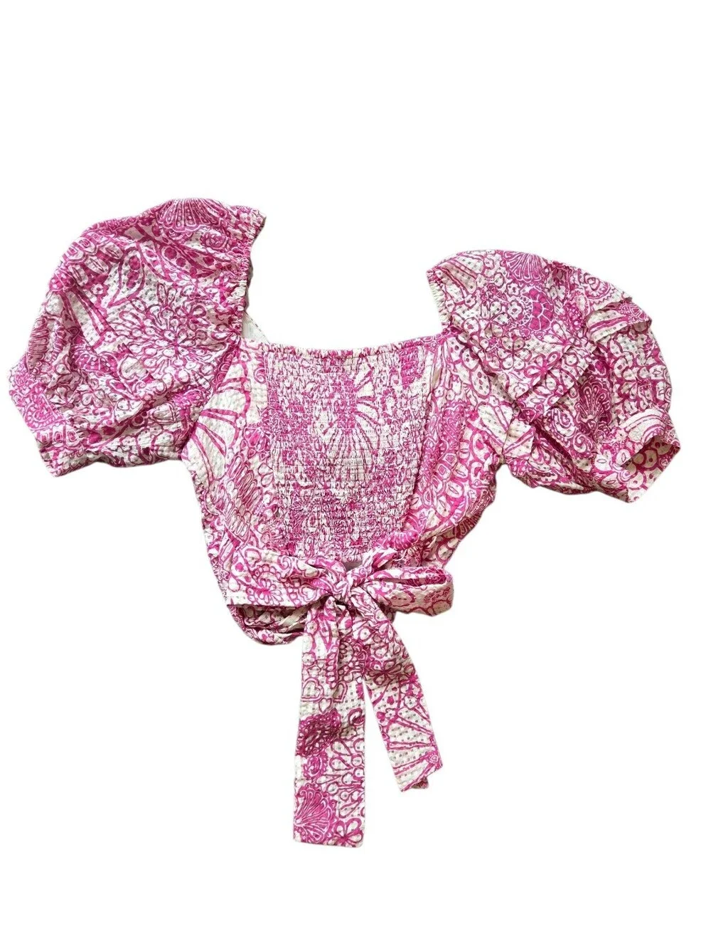 Maeve for Anthropologie Pink White Floral Smocked Wrap Puff-Sleeve Crop Top XL